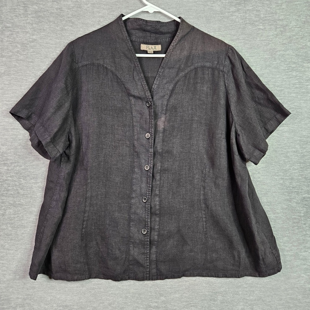 Flax 100% Linen Short Sleeve Button Up Top Charcoal Black Women's Sz 1G US 18